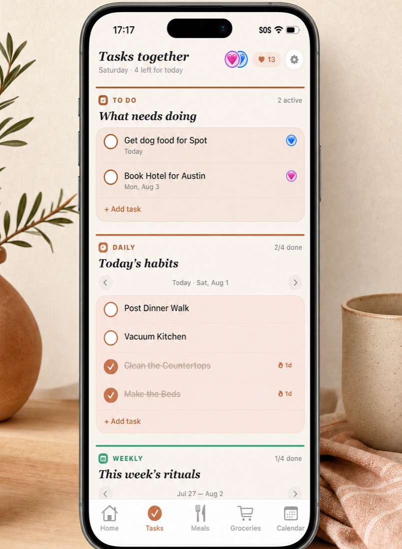 Tasks screen with to-do, daily and weekly sections