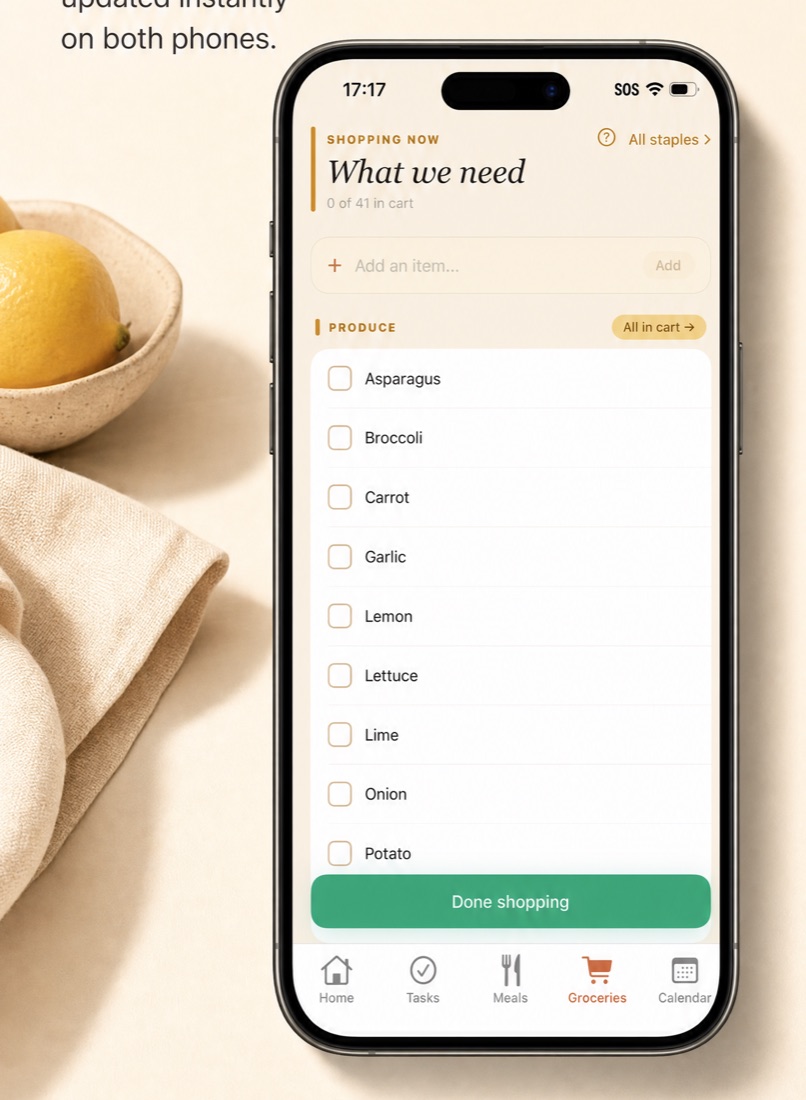 Grocery list in shopping mode